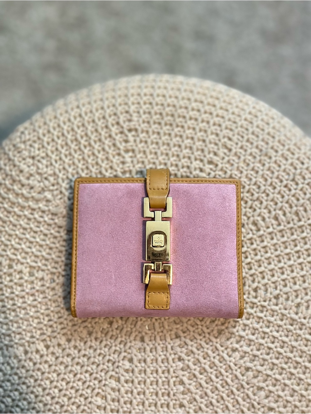 Authentic Pink Gucci Suede Agenda with Gold Hardware and Tan Leather Trim